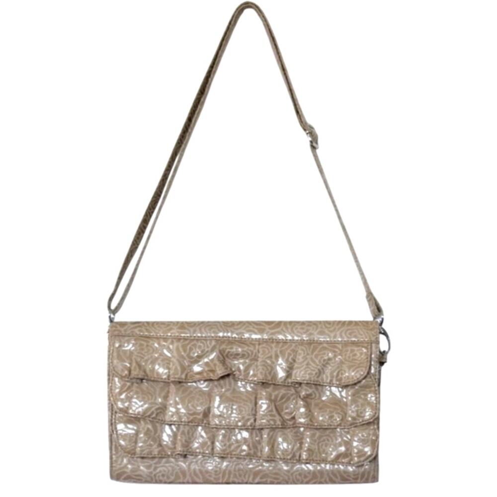 Genna De Rossi Beige Patent Floral Ruffle Shoulder Bag Y2K Vintage Clutch Purse